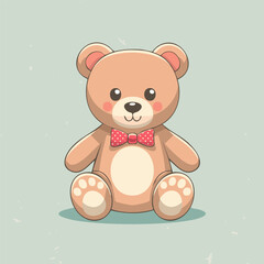 Cute teddy bear with red bow tie sitting on a pastel background. Adorable toy illustration, perfect for children, nursery decor, prints, greeting cards, and gifts