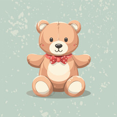Cute teddy bear with red bow tie sitting on a pastel background. Adorable toy illustration, perfect for children, nursery decor, prints, greeting cards, and gifts
