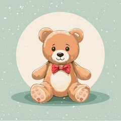 Cute teddy bear with red bow tie sitting on a pastel background. Adorable toy illustration, perfect for children, nursery decor, prints, greeting cards, and gifts