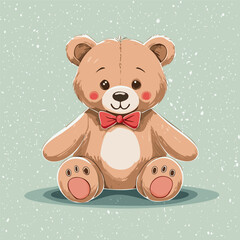 Cute teddy bear with red bow tie sitting on a pastel background. Adorable toy illustration, perfect for children, nursery decor, prints, greeting cards, and gifts