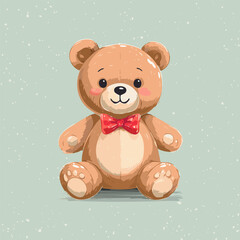 Cute teddy bear with red bow tie sitting on a pastel background. Adorable toy illustration, perfect for children, nursery decor, prints, greeting cards, and gifts