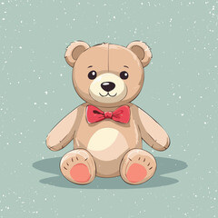 Cute teddy bear with red bow tie sitting on a pastel background. Adorable toy illustration, perfect for children, nursery decor, prints, greeting cards, and gifts
