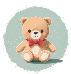 Cute teddy bear with red bow tie sitting on a pastel background. Adorable toy illustration, perfect for children, nursery decor, prints, greeting cards, and gifts