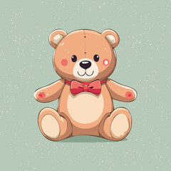 Cute teddy bear with red bow tie sitting on a pastel background. Adorable toy illustration, perfect for children, nursery decor, prints, greeting cards, and gifts
