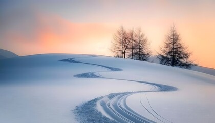Snowy Hillside with Ski Tracks at Sunset