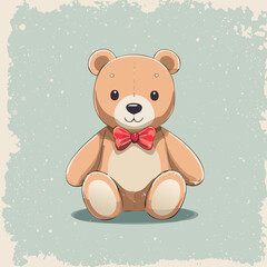 Cute teddy bear with red bow tie sitting on a pastel background. Adorable toy illustration, perfect for children, nursery decor, prints, greeting cards, and gifts