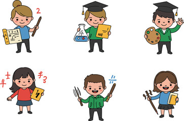 Cute kids exploring careers vector set – students dressed as scientist, artist, mathematician, electrician, engineer – cartoon illustration pack