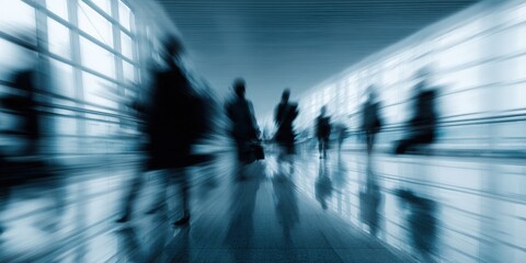Blurry figures moving through a modern hallway