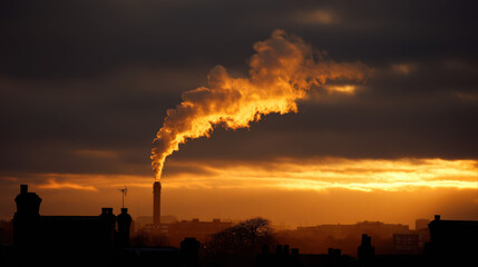 Fototapeta premium Industrial smoke emission at sunset urban landscape atmospheric photography overcast sky environmental impact