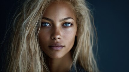Naklejka premium A minimalist portrait of a young woman with a penetrating gaze, representing a concept of self-awareness. The focus is on her identity and inner world.