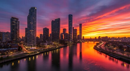Fototapeta premium Fiery Sunset over City Skyline with River Reflection