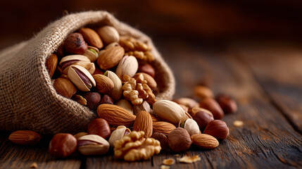 Macro photo of pistachios, almonds, walnuts, and hazelnuts spilling from burlap sack, rustic wooden table with scattered crumbs