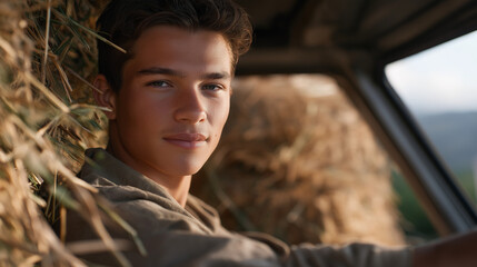 A farm road with tractors, crops, and a young man in a truck