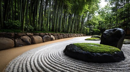 Zen Garden Serenity: A meticulously raked sand garden features concentric circles, moss-covered rocks, and a backdrop of towering bamboo trees.  The image evokes a sense of peace and tranquility.