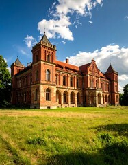 Fototapeta premium Grand brick manor under a sunny sky