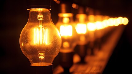 Glowing Vintage Edison Bulbs in a Row Warm Light Photography