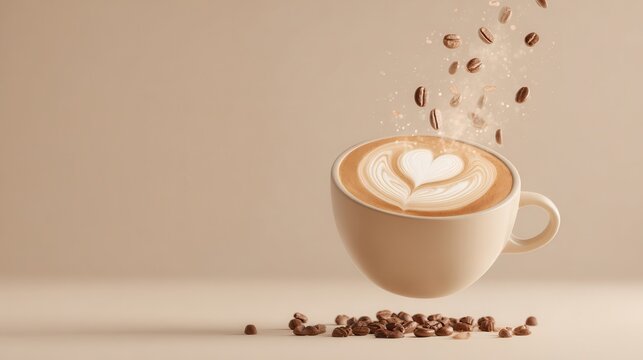 Aromatic coffee beans falling into a steaming cup of latte with heart art