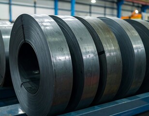 Rolled metal sheets stacked in a warehouse