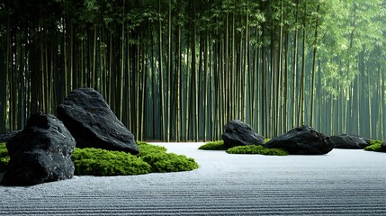 Zen Garden: A serene Zen garden features meticulously raked gravel, artfully placed stones, and a tranquil backdrop of lush bamboo, evoking a sense of peace and balance.