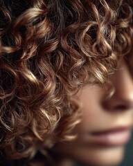 Naklejka premium Close-up of Brown Curly Hair with Blonde Highlights: Partial Face, Textured Hair, Beauty, Hairstyle, Natural Light, Detailed, Modern