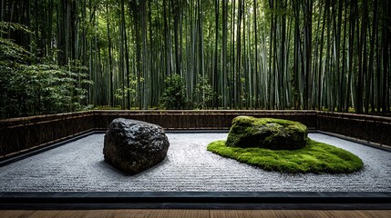 Zen Garden of Contemplation: A serene zen garden features meticulously raked gravel, two moss-covered rocks, and a towering bamboo forest, exuding tranquility and evoking a sense of deep meditation.
