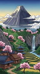 Mount Fuji and Cherry Blossom Village with Waterfall and Terraced Rice Fields, Traditional Japan Illustration