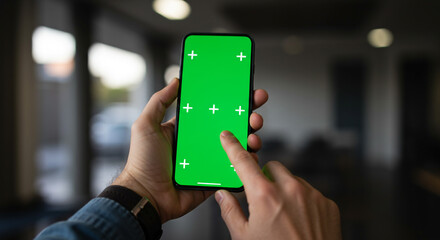 Man's hands holding modern smartphone with green screen for creative content development