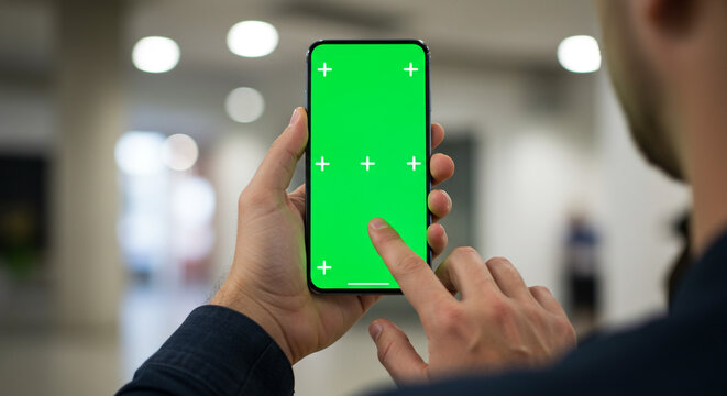 Dynamic closeup of hands interacting with a vibrant green screen smartphone, perfect for app demos.