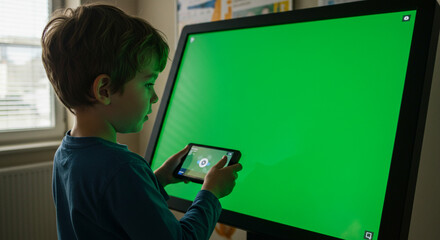 Curious young boy engrossed in interactive learning on a large green screen display