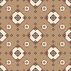 Seamless geometric Navajo-inspired pattern in earthy beige tones, featuring diamond shapes and ethnic motifs. Perfect for textiles, wallpapers, and digital prints.