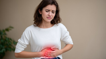 Young woman standing against a neutral beige background, hands pressing against her lower abdomen highlighted with a subtle red glow, facial expression tense with pain, concept of