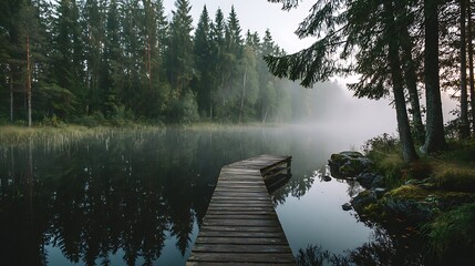 Wooden Dock and Misty Lake: A tranquil scene of a wooden dock extending into a serene lake enveloped by a layer of morning mist, with dense evergreen trees creating a picturesque backdrop.