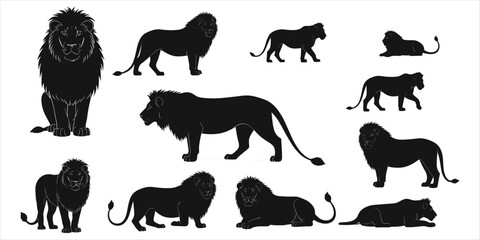 Collection of black lion silhouettes in various poses on white background lions animal