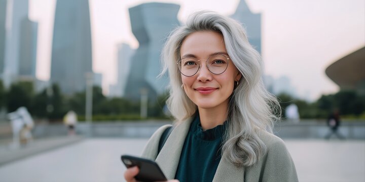 Smiling caucasian young adult female with smartphone in urban setting