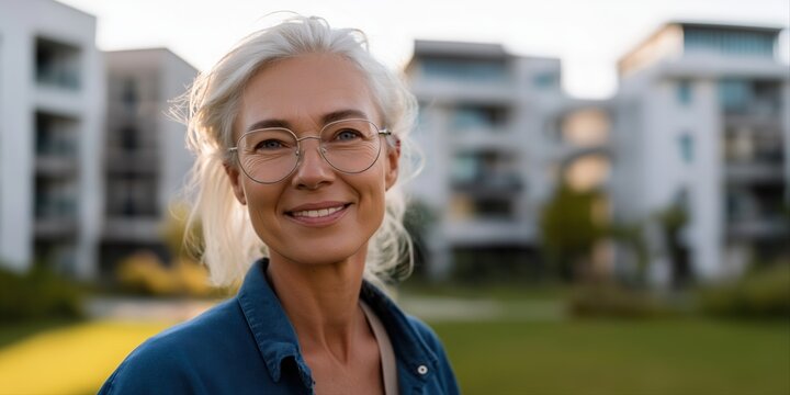 Elderly caucasian female smiling outdoors in urban residential area
