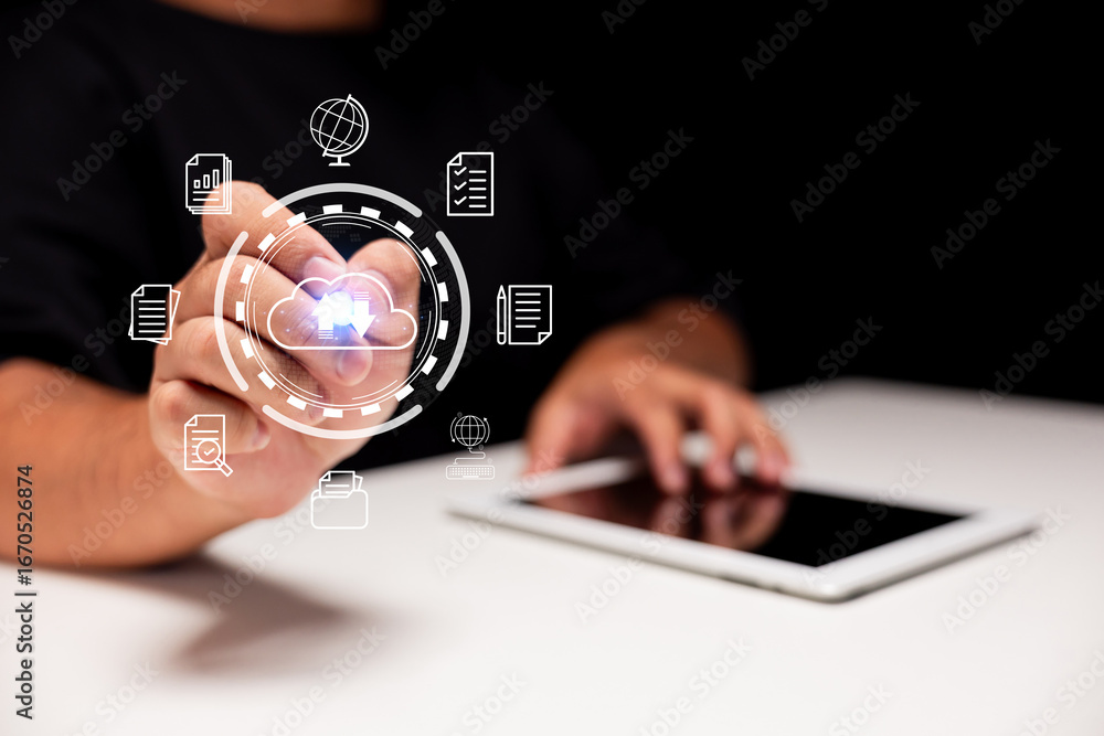 Aufkleber cloud storage and digital document workflow. a businessman uses a touchscreen and tablet in a modern