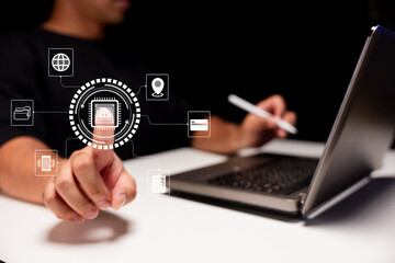 Cloud computing and digital access. A businessman uses a touchscreen interface in a modern office to connect global network, payment, and data services through secure smart cloud technology solutions.