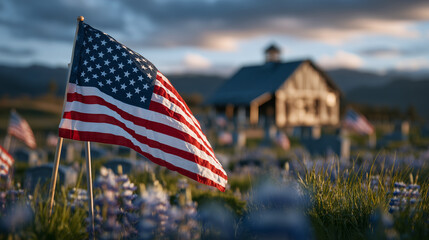 Low-angle perspective of flags gently swaying among headstones, sky painted with soft clouds, national pride and solemn reflection captured in one frame