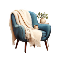 Fototapeta na wymiar Cozy armchair with blanket and plant, isolated on transparent background