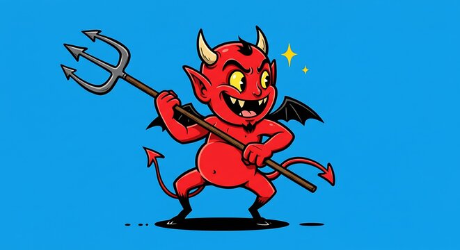 Whimsical devil character with trident and mischievous grin against blue background