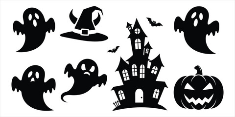 Fototapeta premium Halloween Icons Black Silhouettes Ghosts Haunted House Witch Hat Pumpkin Bats vector illustration