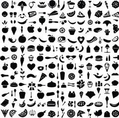 Food & Drink Icon Set Vector – Black Silhouettes of Fruits, Fast Food, Desserts, Beverages, and Utensils in Grid