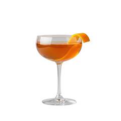 A pristine Naked and Famous cocktail with amber-orange liquid in a crystal coupe glass, garnished with an orange peel twist, isolated on a transparent studio background. Commercial beverage