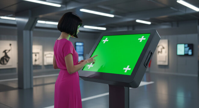 Woman interacts with large digital touchscreen display in modern museum setting with green screen - Powered by Adobe