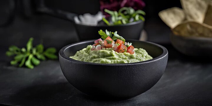 Fresh guacamole bowl orbiting on dark background