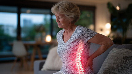 Realistic living room scene, senior woman clutching her lower back near a sofa, glowing red spinal visualization layered over body, symbolizing chronic pain from osteoporosis