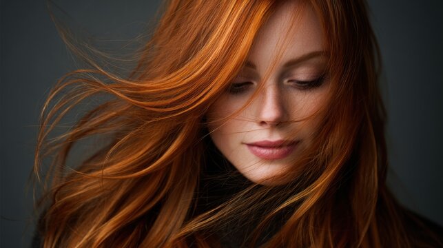 A beautiful woman with long flowing red hair, looking down with a peaceful expression. The image conveys a serene and elegant mood, ideal for hair care advertising.
