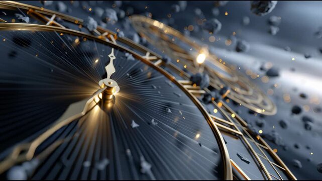 A clock with the hands on the number 3 and 9. The clock is surrounded by a lot of rocks