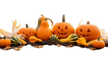 Halloween pumpkin arrangement with gourds and corn stalks isolated on transparent background
