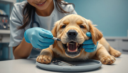 Veterinarian examining puppy's teeth in clinic with tools and care  